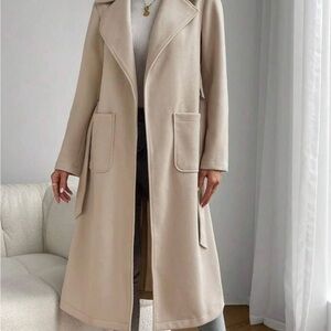 Lapel Neck Dual Pocket Belted Beige Overcoat